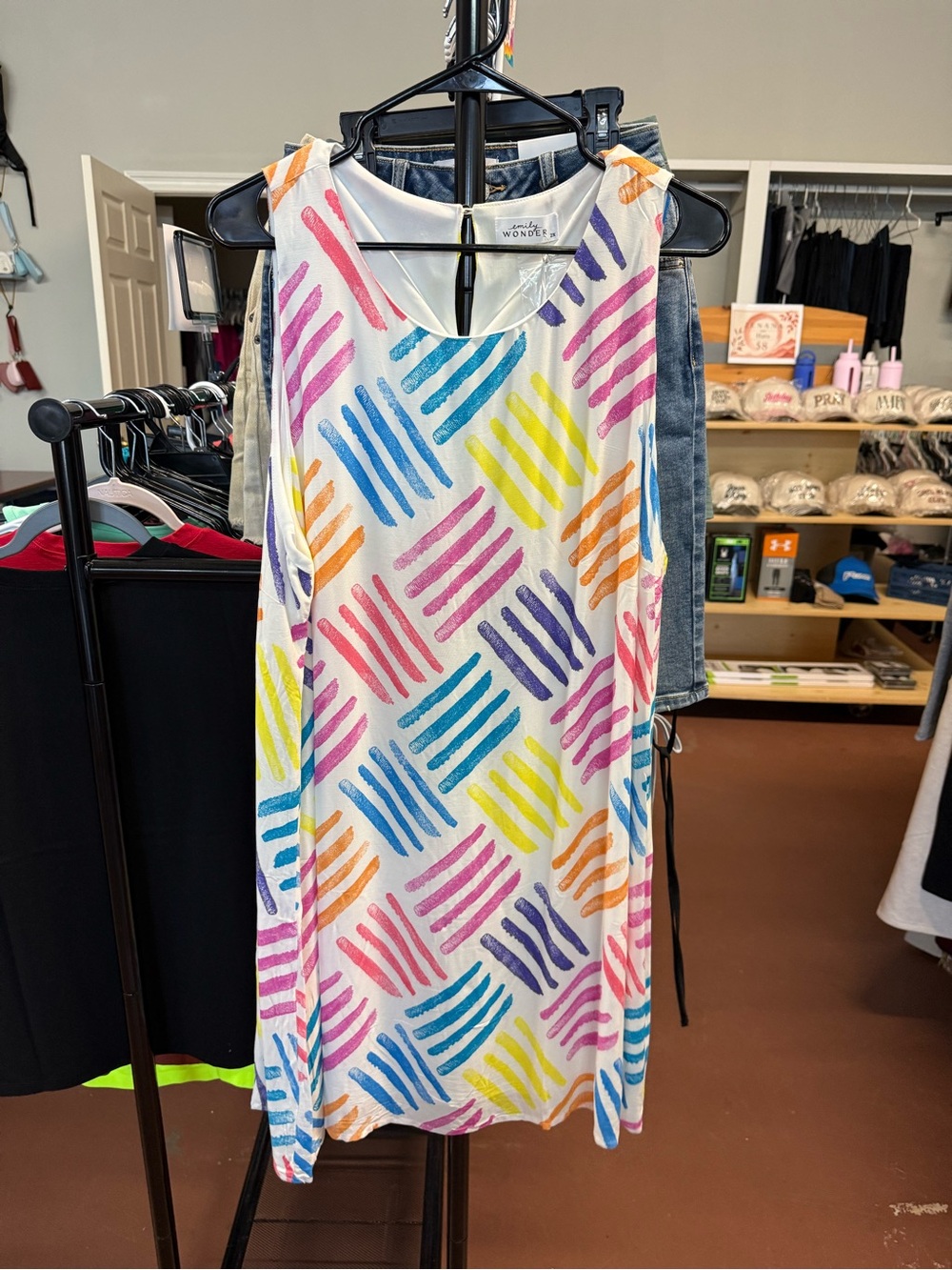 Emily Wonder White Multicolor Stripe-Print Sleeveless Dress
